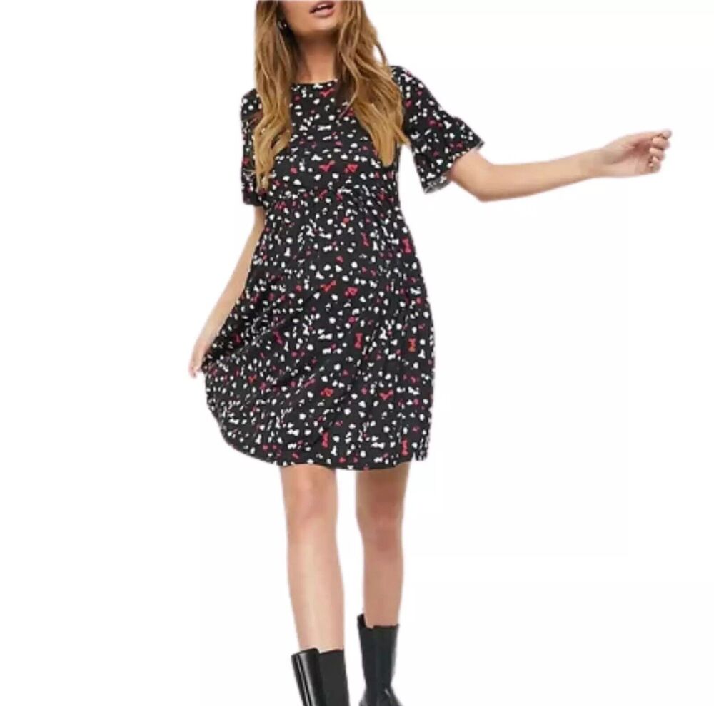 Flounce Sz 6 Maternity Smock Dress Ditsy Black Super Oversized Frill Sleeve NWT